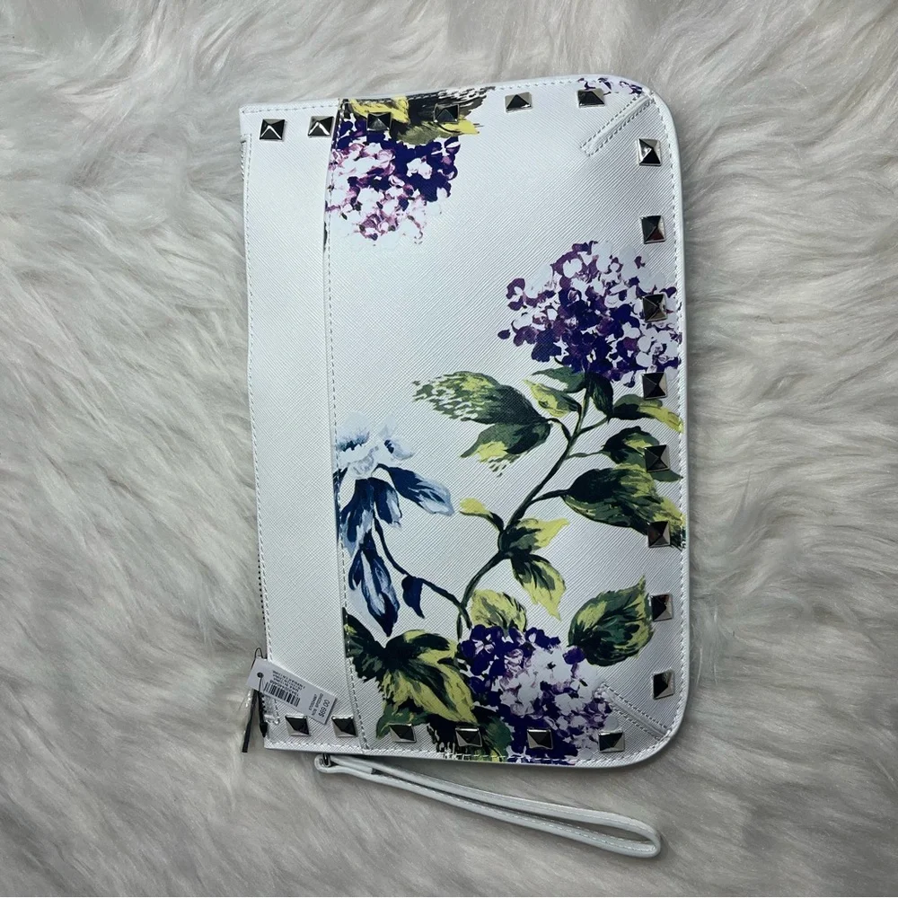 WHBM White House Black Market Hydrangea Floral Wristlet Pouch Clutch Stud Accent